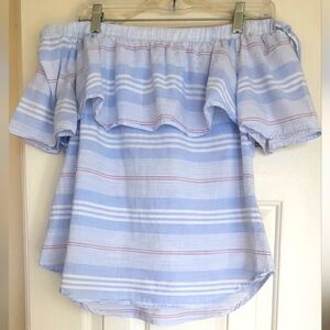 Off-Shoulder Ruffle Striped Blue Top